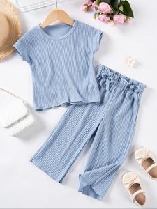 Toddler Girl's Solid Drop Shoulder Tee & Bow Front Pants Set, Short Sleeve Round Neck T-shirt & Paper Bag Waist Trousers, Holiday Evening Outfits 2024, Kids Summer Clothes Ella Thomas Coming Home Trousers, School Outfit 2024, Airport Sets