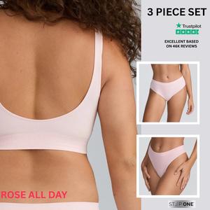 STEP ONE SmoothFit Women’s 3 Piece Set Padded Bra, Bikini Brief & Thong, Seamless Bamboo – Ultra-Soft, Eco-Friendly, Breathable Viscose Fabric, Hypoallergenic, No-Show Lingerie, Moisture-Wicking, Stretch Fit, Wireless – 2 Colours to Choose from