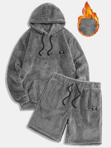 Men's Plush Hoodie Shorts Set, Soft Breathable Warm Comfortable Fabric, Fashion Casual Sportswear, Winter Wear for Men, Gym Casual Wear