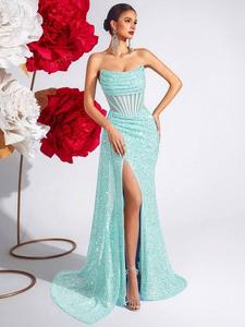 Women's Sequined Camisole High Slit Evening Dress, Elegant Party Gown, Sleeveless Backless Design, Perfect for Formal Events