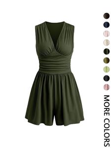 Women's Plain Ruched Deep V Neck Tank Romper, Elegant Sleeveless Romper For Summer, Back To School Fashion Casual Ladies Clothes For Daily Wear