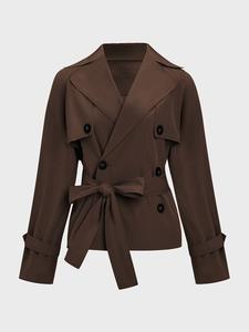 Modest Fashion Trendy Solid Color Notch Lapel Double Breasted Long Sleeve Trench Coat
