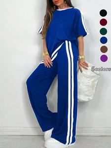 Plus Size Women's Sportswear Set, Striped Short Sleeve Top with Wide Leg Pants, Casual Vacation Sports, All Seasons, Activewear Set