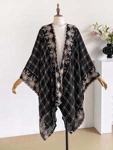 Plaid Floral Embroidered Split Scarf, Loose-Fitting Boho Style, All Seasons Wear, Perfect for Beach, Commute, Dates, Flattering Fit