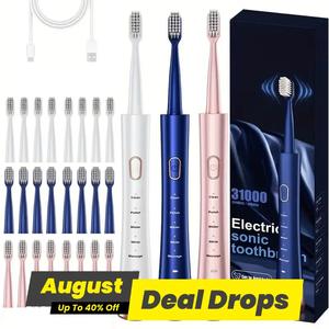 Rechargeable Sonic Toothbrush, Toothbrush Soft Handy Portable Toothbrush for Adults, Pink Cleaning Products, Electric Toothbrush with Multiple Brush Heads, Oral Cleaning Kit, Teeth Cleaner, Handy Cordless Teeth Cleansing, Battery Toothbrush