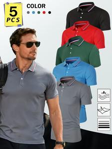5 Pcs Men's Casual Sportswear, Casual Sports Tops, Quick-Dry Collared T-Shirts, Fashionable Tie Dye, Golf Shirts, Polo Shirts, Athletic Polo, Sporty T Shirt, Weekend, Business Events, Golf Tournament Shirt
