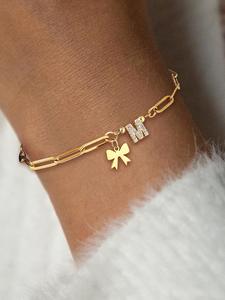 Bowknot Design Initial Bracelet, Rhinestone Decorated Link Bracelet for Women & Girls, Fashion Jewelry for Party, Daily Decor, Trendy All-match Jewelry for Gift, Trendy Jewellery Accessories