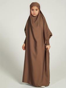 Muslim Girl's Solid Color Shirred Batwing Sleeve Hooded Abaya, Modest Long Sleeve Hooded Maxi Dress for Daily Wear, Kids Islamic Clothing for Spring & Fall