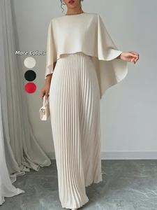 Women's Plain Pleated Cloak Sleeve Maxi Dress, Elegant Round Neck Dress for Party Holiday Wedding Guest, Ladies Spring & Fall Clothes， Valentine's Day Gift for Girl