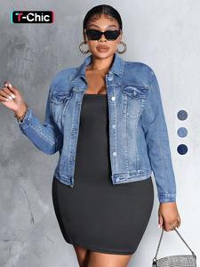 Women's Plus Size Vintage Denim Jacket, Coats, Elastic Fabric, Button Design, Retro Style, Casual, Daily Wear, Fashionable Jacket, All Seasons
