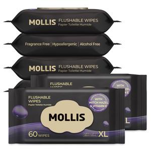 MOLLIS Flushable Wipes with Witch Hazel & Vitamin E, Extra Large Unscented Wet Wipes for Toilet Use, Travel & Home Essential, Portable Pack, 100% Plant-Based, Hypoallergenic, Alcohol-Free, Sewer & Septic Safe