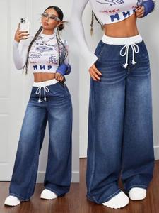 Women's High-Waisted Drawstring Loose Fit Denim Jeans, Casual Korean Fashion Wide Leg Jeans for All Seasons, Comfortable Boyfriend Style