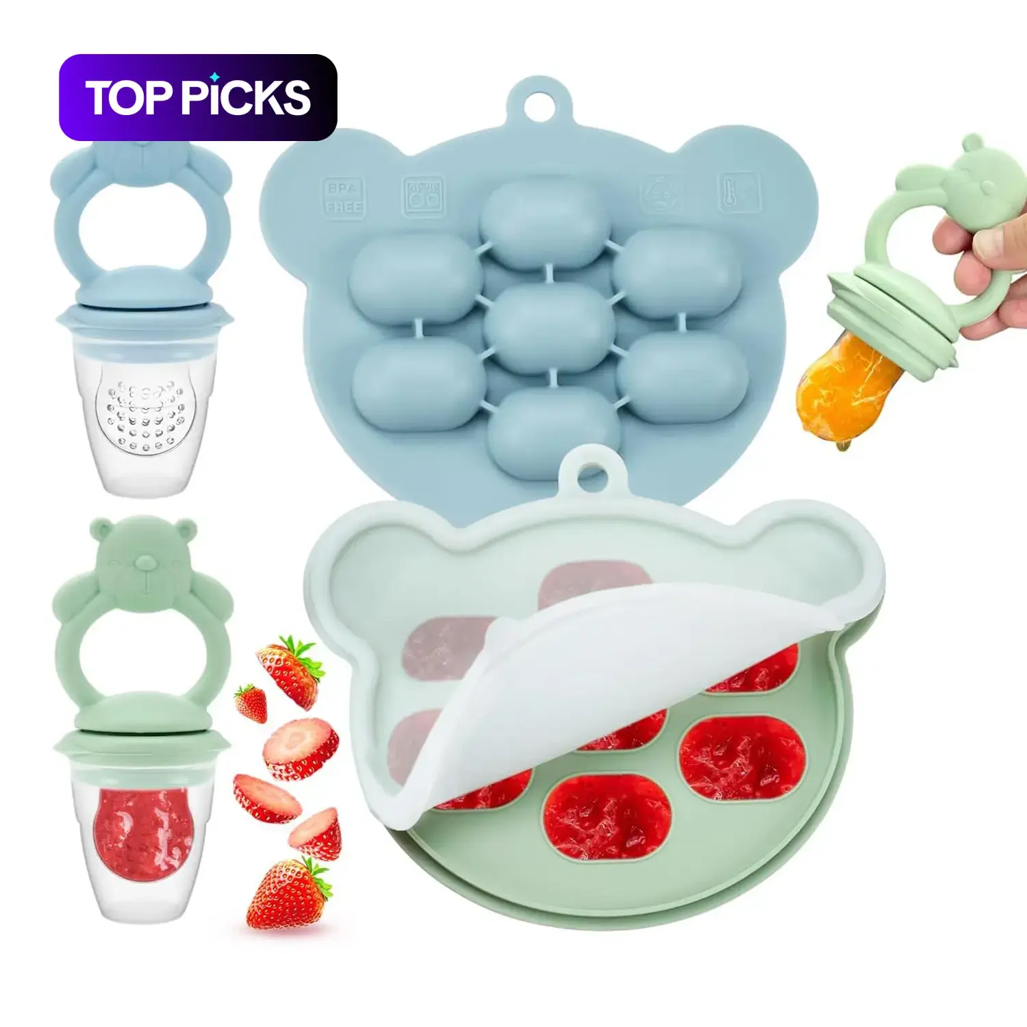 Cartoon Bear Design Pacifier with Ice Cube Tray, 2 Counts/set Feeding ...