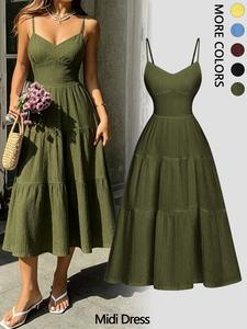 Women's Elegant One-Piece Dress, Pure Color Fine Strap Layered Ruffle Waist Design, Lightweight Feminine Casual Wear for Women