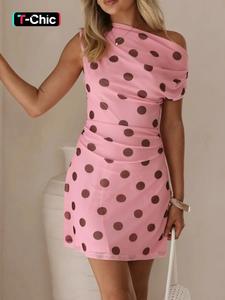 Mesh Polka Dot Mini Casual Dress Women Summer Outfit Holiday Vacation Wear Sweat Cute One Shoulder Pink Dress