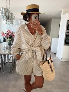 Women's Fashion Striped Loose Blouse Set, Versatile and Stylish, Perfect for Vacation Casual Wear, Comfortable and Trendy, Striped Lounge Set