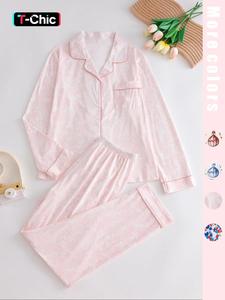 Two-Piece Set Women's All Over Print Button Front Shirt & Elastic Waist Pants Pyjama, Casual Comfy Lapel Long Sleeve Top & Trousers PJ Set, Women's Sleepwear for Spring & Fall