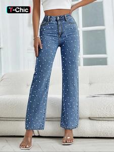 Women's Faux Pearl Decor Button Fly Denim Jeans Pants, Casual Comfy High Waist Pocket Design Jeans for Daily Wear, Ladies Bottoms for All Seasons, Cowboy Cut Jean, Casual Denim Trousers, High Waisted Jeans
