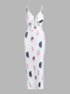 Women's Floral & Feather Print Cut Out Backless Cami Dress, Casual Adjustable Strap Split Thigh Long Dress for Summer, Ladies Clothes for Beach Holiday