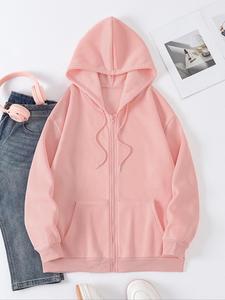Women's Solid Color Drop Shoulder Zip Up Hoodie, Basic Casual Drawstring Pocket Hooded Jacket for Daily Holiday Outdoor Wear, Ladies Clothes for Spring & Fall