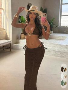 New Summer Women Green Solid Color Minimalist Elegant Beach Vacation Beachwear Swimsuit for Beach Swimwear Set Bikini Skirt Set