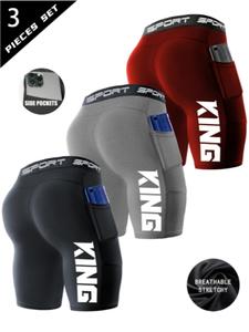 3 Pack Men's Athletic Shorts with 'KING' Print, High Elastic Polyester and Spandex Blend, Breathable Quick Drying with Pockets for Basketball Training and Compression Swimming