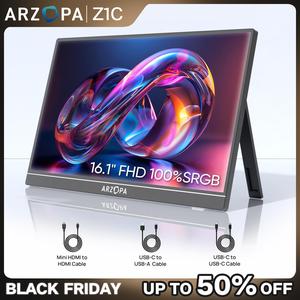 ARZOPA Z1C Portable Monitor, 16.1" 60Hz 100% sRGB 1080P FHD Kickstand Portable Laptop Monitor High Color Gamut Display IPS Eye Care Screen for High-end Office & Entertainment, New Year gift