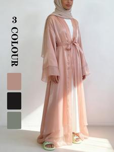 Women's Solid Satin Abaya without Inner Dress, Modest Long Sleeve Tie Front Abaya, Ladies Islamic Clothing for Spring & Fall, Modesty Abaya, Modesty Muslim Clothing, Islamic Modesty Clothes