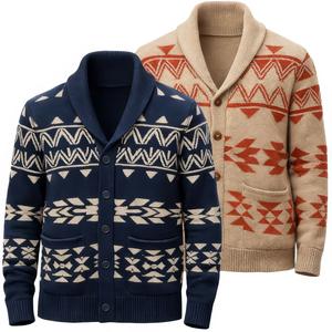 2 Pack Mens Button Up Cardigan Cable Knit Fisherman Aztec Knitted Sweater Shawl Neck Grandad Jumper Weaved Warm Sweater