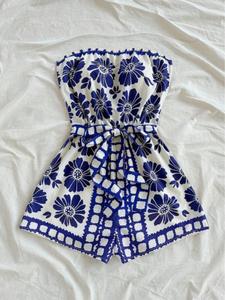 Women's All Over Print Knot Front Tube Romper, Casual Strapless Romper for Summer, Fashion Women's Clothing for Beach Holiday Vacation, Bohemian Womenswear