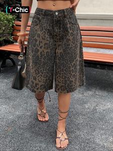 Trendy New Leopard Print Denim Jeans, Fashionable Streetwear Street Style, Spring Summer Youthful Look, Women's Mid-Calf Fitted Jeans, Button Fly Closure