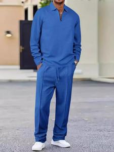 New Breathable Comfort Men's Spring Summer Set, Waffle Pattern Long Sleeve Top and Pants Two Piece, Stylish Casual Wear