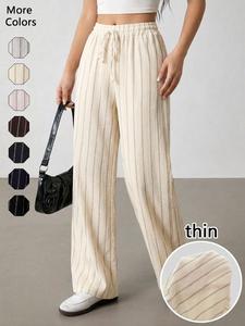 Women's Casual Sporty Long Pants, Striped Waist Straight Leg, Loose Fit, Daily Wear, Pocketed High-Waisted Wide Leg Pants