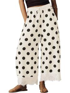 Women's Long Pants, Lace Patchwork, Asymmetrical Hem, Elastic Waist, Polka Dot Print, Wide Leg, Casual Summer Fashion, Bottoms, Womenswear