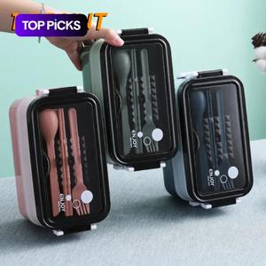 Portable Lunch Box with Cutlery, 1 Count Christmas Large Capacity Double Layer Insulated Lunch Box, Household Kitchen Supplies for School, Cafeteria, Office, Picnic, Traveling, Teenagers and Workers, Valentine's Day Gift, Travel Accessories, Tableware
