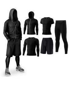 Men's Solid Streetwear Tracksuit Set, Athletic Clothes Set, Sporty Zipper Hooded Jacket & Top & Short Sleeve Tee & Letter Tape Waist Leggings & Drawstring Shorts, Casual Summer Outfits, Summer Activewear