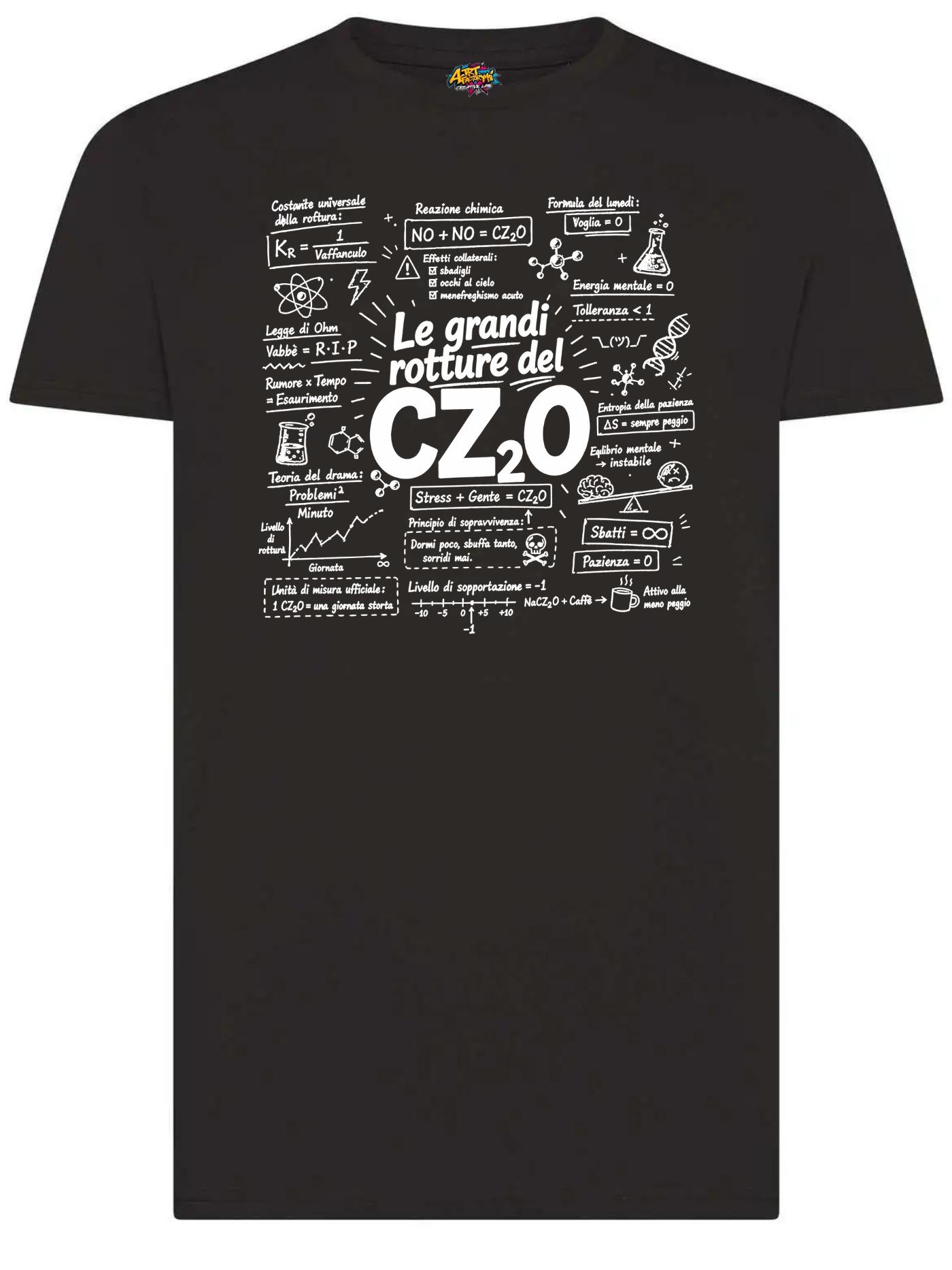 T-shirt Nera Le Grandi Rotture del CZ₂O – Maglietta Divertente con Stampa Ironica Formula Chimica