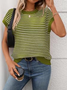 2026 Spring/Summer New Arrival: Fashion Color Blocking Round Neck Knit Short Sleeve Top, Casual Crew Neck Striped Ladies Sweater, Sweet Jumper for Daily Wear