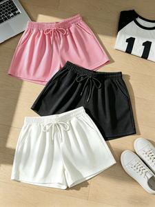 3-Pack Summer Women's Drawstring Solid Color Elastic Waist Shorts, Casual Loose-Fit Slimming Sports Pants, Simple Versatile Home & Outwear Hot Pants, Womenswear