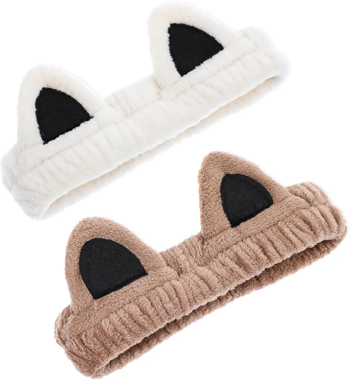 2PCS Cat Spa Headband for Women Girls, Cute Cat Ears Makeup Hairband, Plush Soft Elastic Cat Headband for Shower Bathroom (White & Brown)