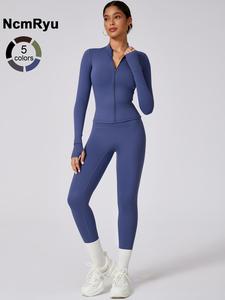 Women's High Elastic Bare Sense Rountable Tie Thumb Buckle Zipper Long Sleeve High Waist Beautiful Hip Trousers Yoga Wear Outdoor Running Cycling Climbing Fashion suit Gym Sports Training All-match Long-sleeved Trouser Workout Running Clothes
