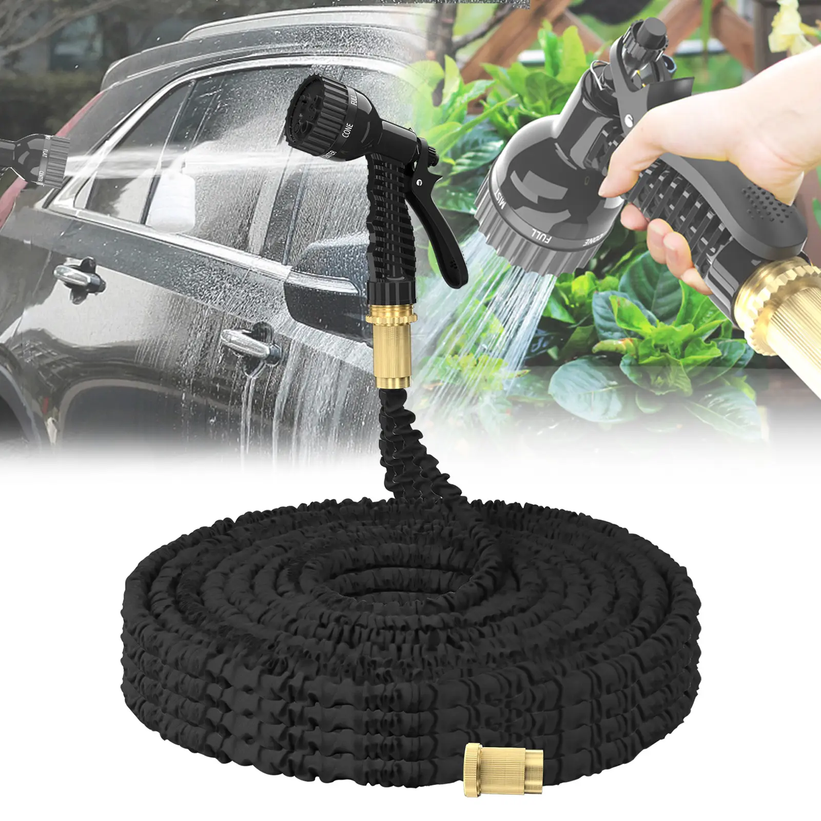 Black Expandable Garden Hose Pipe with 7 Watering Modes Spray Nozzle, Lightweight Multi-Function Water Hoses for Gardening Car Pet Washing (75/100/150/200FT)