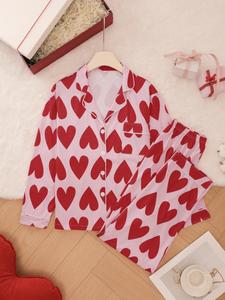 Two-piece Set Women's All Over Heart Print Button Front Pocket Top & Pants Pyjama Set, Casual Comfy Long Sleeve Lapel Neck Top & Trousers Pj Set, Ladies Sleepwear Loungewear Pajama Set for All Seasons