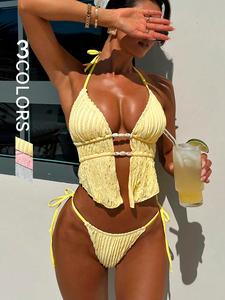 Sexy Two-Piece Swimsuit Ruched Bikini Set with Tie Straps, High Waist Cut Out Design, Casual Beach Vacation Swimwear for Women, Beach Bikinis, Bathing Suit
