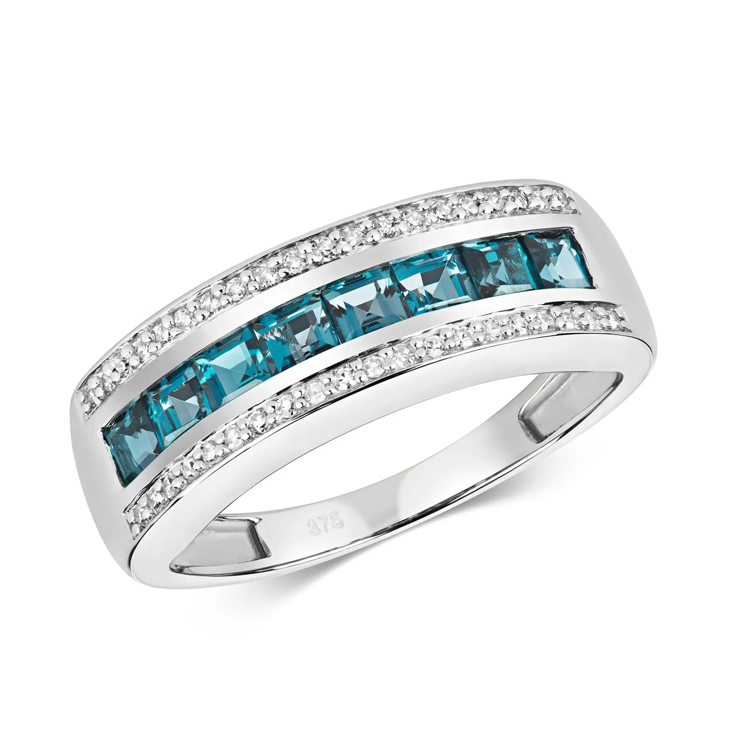 9ct White Gold Princess Blue Topaz and Diamond Ring, Sizes J to Q (454W)