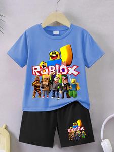 Boys Summer Trendy Rgblox Game Series Cartoon Print Tee & Comfortable Shorts Set, Casual Fitted Short Sleeve