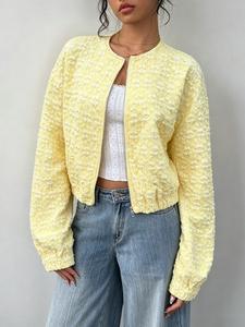 Women's Textured Floral Zipper Jacket, Casual Long Sleeve Outerwear, Perfect for Spring/summer Daily Wear, Stylish and Comfortable