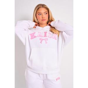 Kaiia Bow Embroidered Oversized Hoodie White & Pink