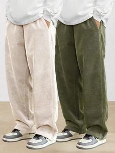 Men's Solid Corduroy Pants, Casual Comfy Straight Leg Trousers for Fall & Winter, Men's Bottoms for Daily Wear