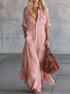2026 Long Dress with Shirt Collar and Button Design, Fashionable Patchwork Pocket Detail, European and American Bohemian Style Cross-Border Export